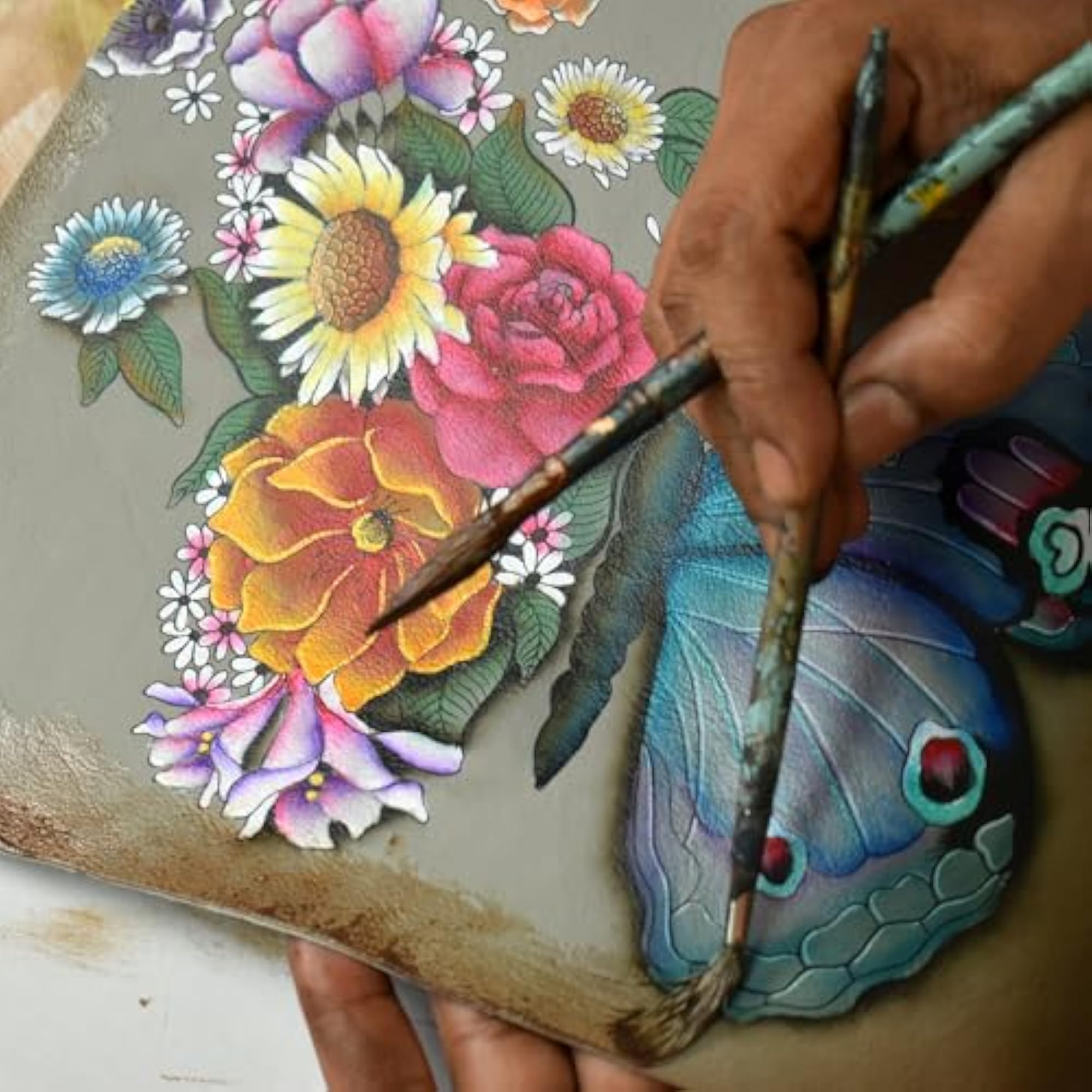 Hand-Painted Genuine Leather RFID Organizer, Butterfly Blooms